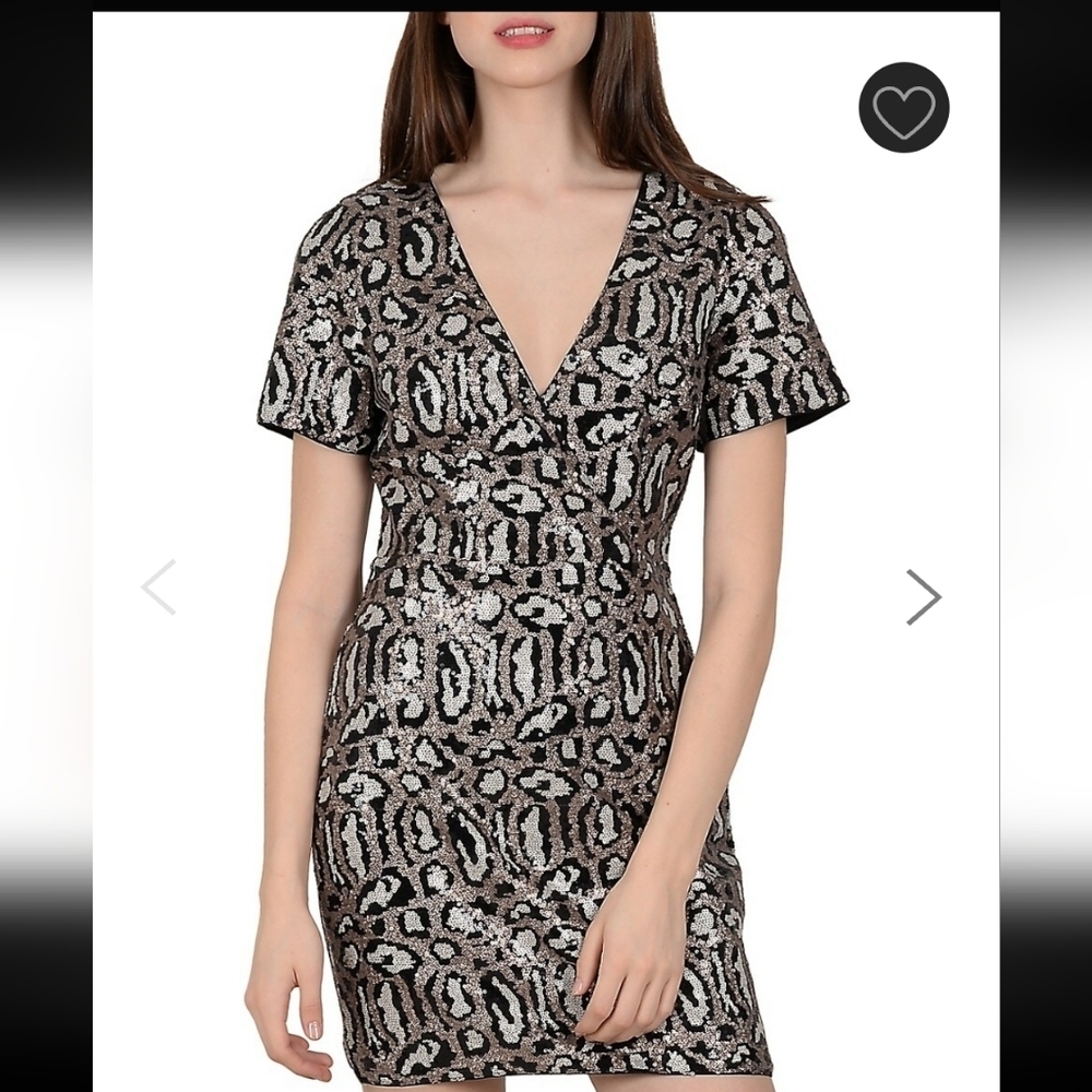 Molly Bracken Leopard Sequin Mini Faux Wrap Dress, VGUC, Size XS